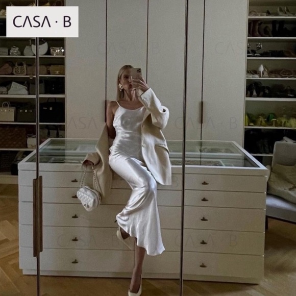 NEW✨CASA B| Adrienne Satin White Draped Cowl Neckline Backless Slip Dress - Picture 1 of 11